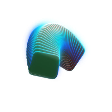 Glowing futuristic abstract shape with neon blue and green light bending into dynamic curves isolated on transparent background