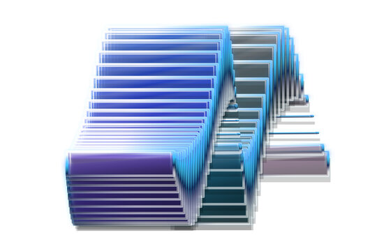 Futuristic stack of glowing blue transparent layered rectangles arranged in a complex geometric perspective structure isolated on transparent background