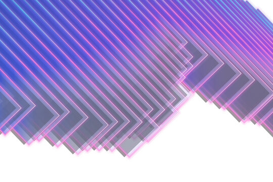 Vibrant neon glowing geometric lines forming abstract diagonal patterns with futuristic purple and blue gradient lighting effects on transparent background