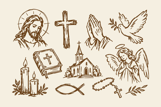 Hand Drawn Christian Religious Sketch Element Set Featuring Jesus Christ, Holy Bible, and Church Icons