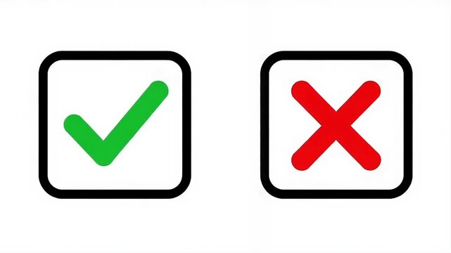 Green Checkmark and Red Cross Icons in Rounded Squares, Clean Flat Vector Illustration with Bold Black Borders

