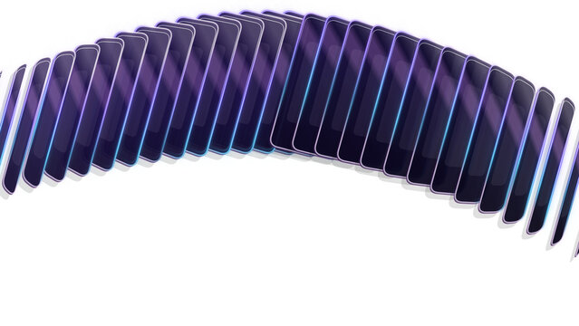 Multiple glowing modern smartphones arranged sequentially creating an arch shape featuring vibrant purple highlights and sleek futuristic design elements on transparent background