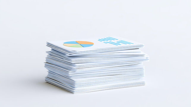 A neat stack of white business cards with colorful pie chart graphics and text icons printed on top, isolated on clean light background