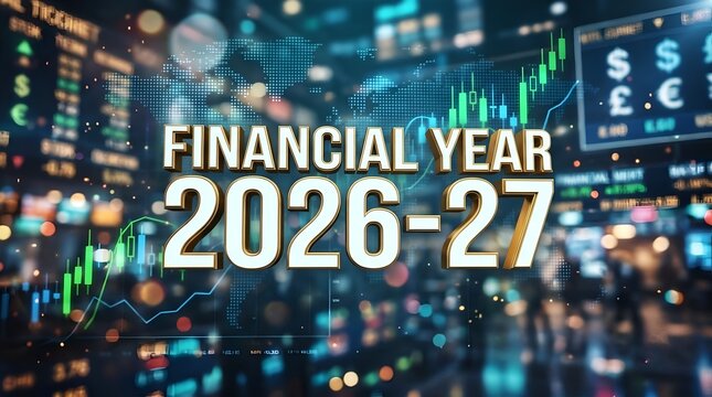 Financial year 2026-27 text with glowing digital stock market background graphics.