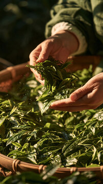 fresh green tea leaves overflowing from a handcrafted bamboo basket, woman's graceful hands gently lifting organic tea leaves in warm cinematic light