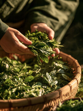 fresh green tea leaves overflowing from a handcrafted bamboo basket, woman's graceful hands gently lifting organic tea leaves in warm cinematic light