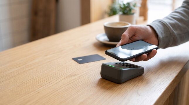 Person making a contactless mobile payment with a smartphone on a terminal at a cafe with terminal device resting