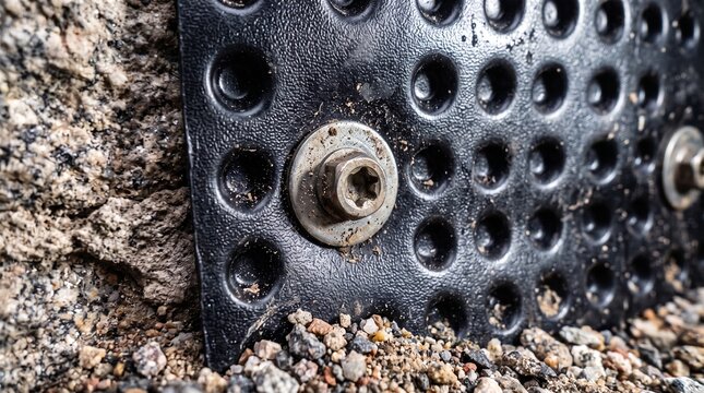 Black drainage membrane attaches securely to concrete masonry with metal screw fastener, protecting basement foundation wall during modern building waterproofing installation.