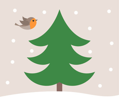 Cute robin bird and christmas tree winter card. Vector illustration.