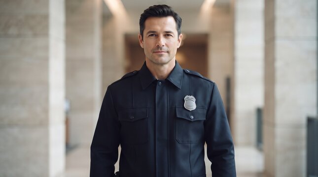 Court bailiff uniform badge security officer standing in courthouse corridor, front portrait of male judicial security professional wearing dark navy duty uniform with silver chest badge, courtroom pr