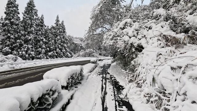 雪の積もった朝、足跡のついた歩道を歩く（環境音付き）