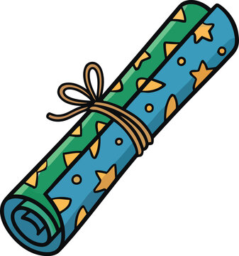 Rolled festive wrapping paper sheets tied with string in white background gift wrap roll stationery packaging illustration colorful triangles christmas birthday