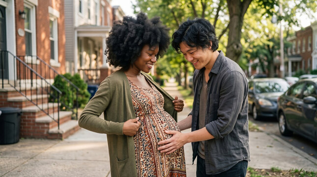 Expectant couple sharing a tender moment on a residential street