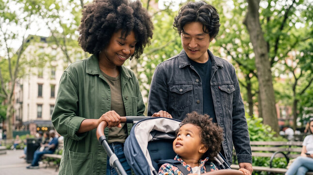 Young couple walking with toddler in a stroller through a city park
