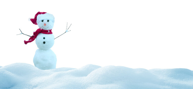 Cute smiling snowman with red scarf and santa hat   stands on a snowdrift. Snowman isolated on transparent background
