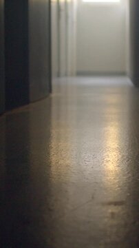 Low-angle polished school hallway floor reflecting soft daylight and