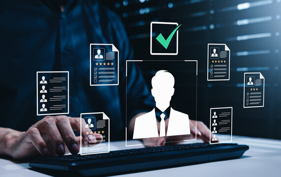 Human resource recruitment concept. Candidate selection process with resume documents and profile icons, representing digital hiring, employee evaluation, talent acquisition, job application analysis,