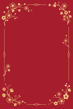 blossom plum frame 1 finGolden blossoms frame a red Chinese Lunar New Year banner with copy space. Ideal for spring festival greetings, holiday invitations, and social media posts.
