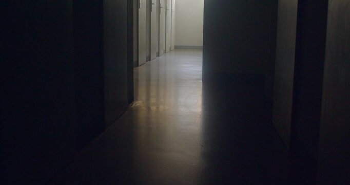 Dim school corridor with distant daylight reflecting on polished floor