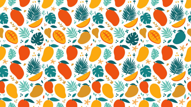 Tropical repeating pattern with mangoes, palm leaves and flowers in orange, yellow and teal