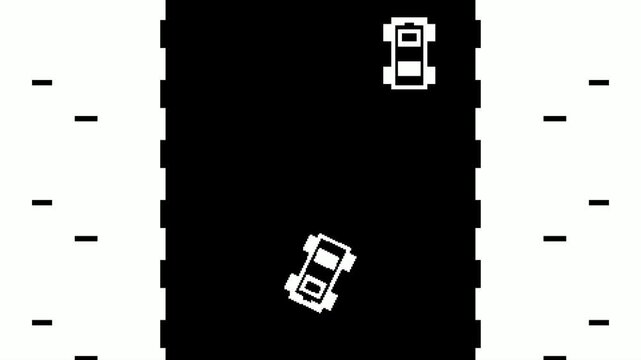 白黒ドット絵のレトロレースゲーム・真上から見た道路を車が走るモノクロ縦スクロールアニメーション