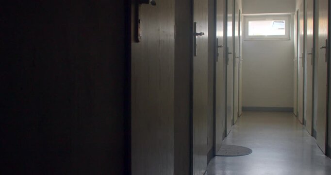 Narrow corridor with row of closed wooden doors and small high window,