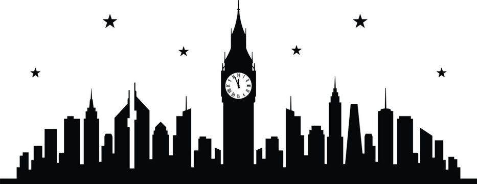 London skyline and Big Ben clock tower silhouette vector illustration with night stars