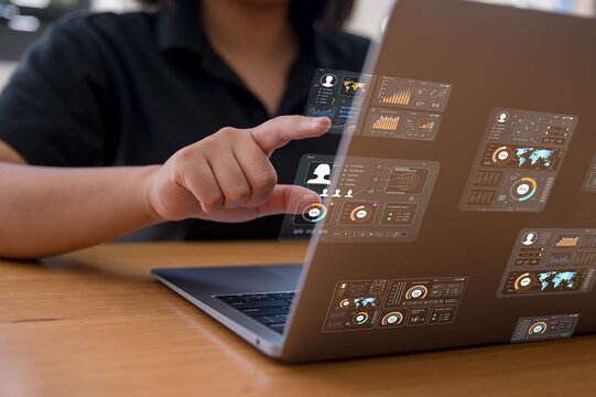 investment financial concept Business finance data analytics graph.Financial management technology.Advisor using KPI Dashboard on virtual screen, woman using computer laptop working with data charts