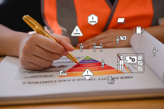 Risk management and workplace safety concept, Woman working with clipboard and hazard report on hand with virtual icon