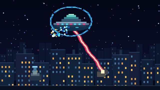 夜の都市に襲来したUFOを地上からミサイルで反撃・バリアで攻撃を防ぐレトロゲーム風ドット絵SFアニメーション