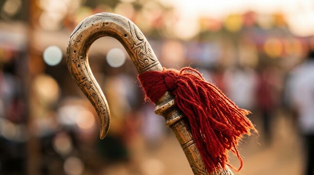 Close up of antique brass elephant goad ankusha decorated with red tassel. Indian ceremonial weapon and ritual object