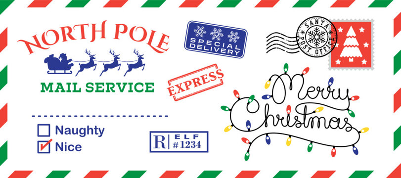 Funny Christmas Santa's Mail greeting card. Can be personalized by adding a name to the greeting card. Vector illustration.