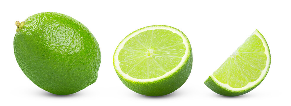 Set of lime fruits, slice and half isolated on a white background, Collection of fresh juicy limes, clipping path.