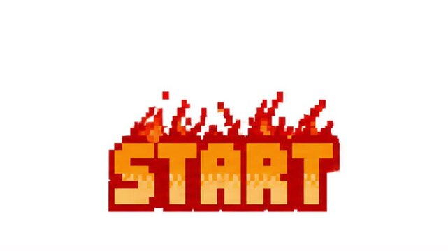 燃え上がる炎を背景にSTARTの文字が輝く・レトロゲーム風ドット絵のループアニメーション