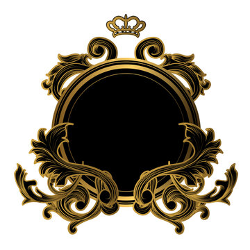 Ornate vintage royal gold crest frame with crown and decorative filigree elements isolated on white background transparent background