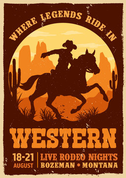Silhouetted cowboy rides horse against desert sky