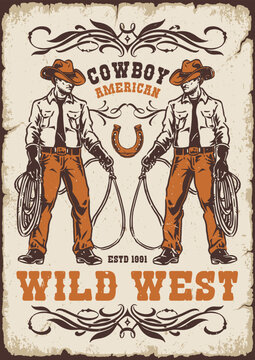 Cowboy figures stand with lassos and hats