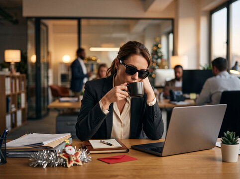 Tired female professional sipping coffee at her desk after a late-night celebration, sunglasses, morning-after exhaustion and office lifestyle
