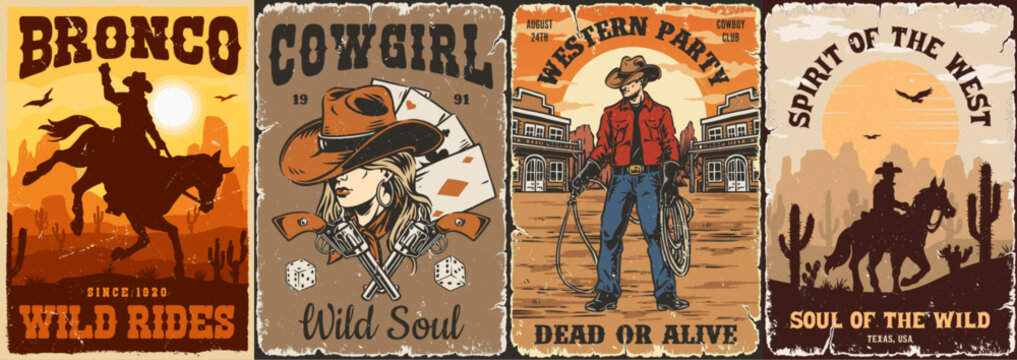 Four vintage western posters in warm, rustic tones