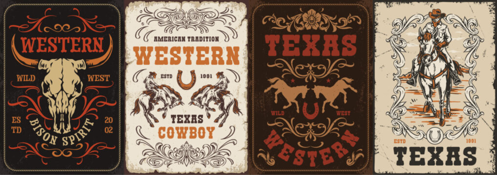 Four vintage western-themed designs with cowboys