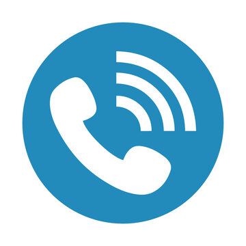 White telephone handset icon with signal waves inside a blue circular badge modern communication connectivity application isolated on transparent background