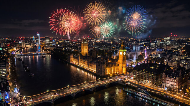 New Year's Eve in London, spectacular fireworks over the River Thames, Big Ben and London Eye illuminated at night, iconic city celebration