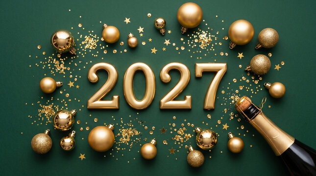 Festive 2027 holiday banner featuring sparkling ornaments, seasonal decor and a rich green backdrop, Christmas and New Year greeting template