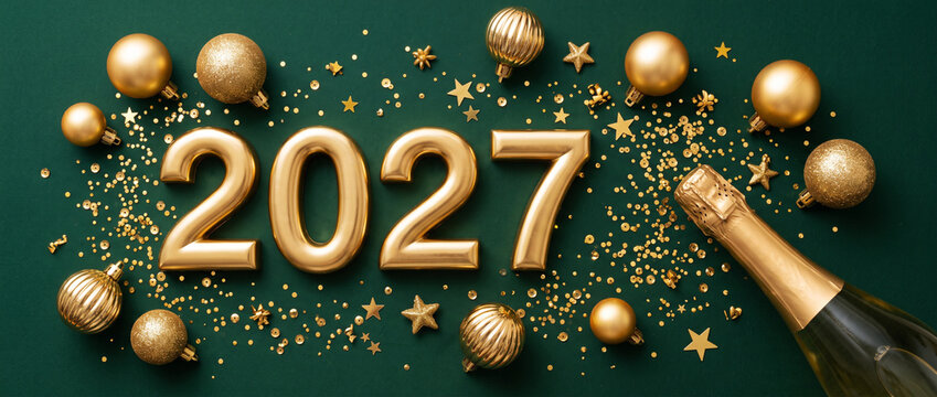 Happy New Year 2027 greeting with twinkling Christmas ornaments and festive decorations on a green background, elegant winter holiday design