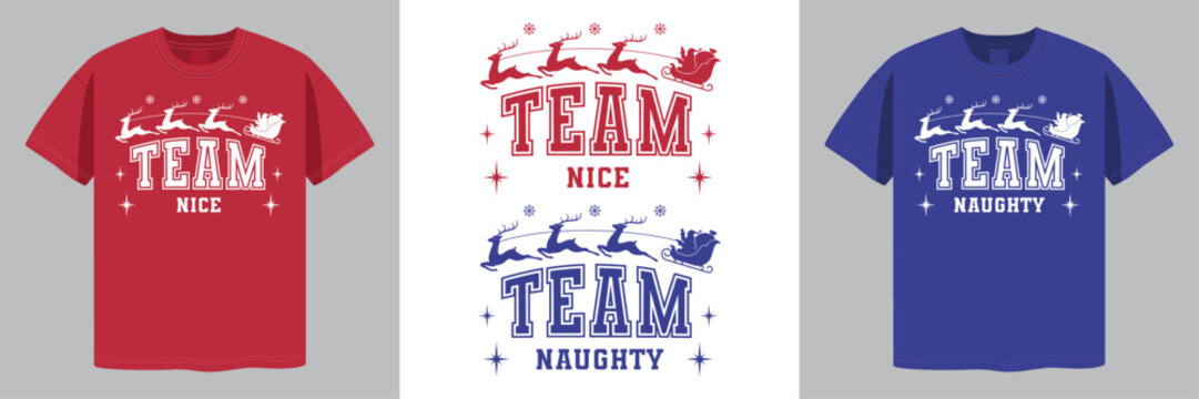 Two funny designs for Christmas T-shirts featuring Santa's teams of nice and naughty kids. Trendy varsity style. Vector illustration.