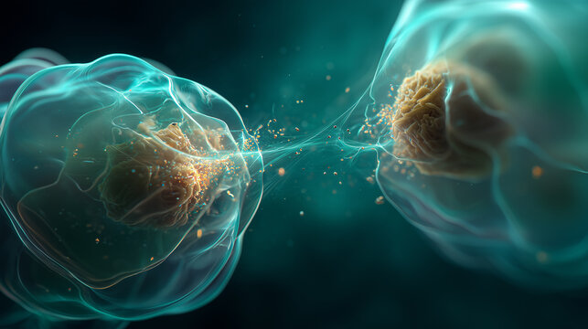 Cytoplasmic bridge connecting translucent green cells. Microscopic intercellular transport