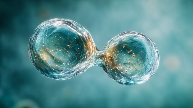 Cytokinesis stage showing narrowing cleavage furrow in cell. Symmetrical division in medium
