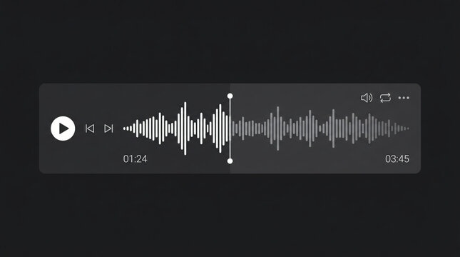Minimal flat vector user interface element of an audio waveform sound track with crisp white media player timeline widget with frequency waves casting on clean dark charcoal background layout