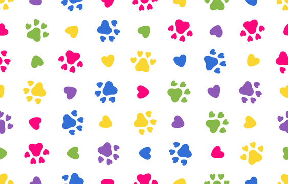 Dog, cat tracks, paw prints, footprints, hearts colorful seamless pattern on transparent background. Creative playful design for pet shop, animal shelter, vet clinic print, banner. Vector illustration