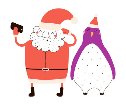 Funny cute Santa Claus, penguin taking selfie together Christmas illustration isolated. Playful cartoon character for kids holiday design, card, banner, packaging. Hand drawn vector clip art